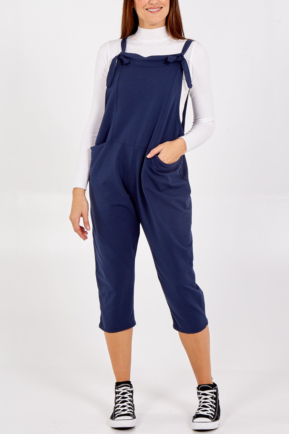 Plain Navy Blue Cropped Dungarees